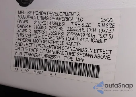 2022 Honda Cr-V Awd Touring from USA, damaged, VIN 7FARW2H99NE028560